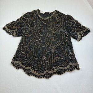 Laurence Kazar 2XL Vintage Black and Silver Silk Beaded Blouse